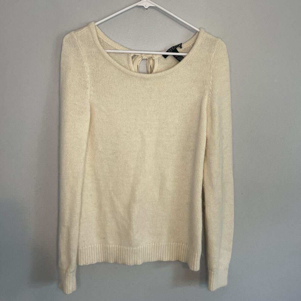 Lauren Ralph Lauren Womens Alpaca Blend Sweater V Neck Cream Sz M Lace Bow Luxe - Picture 2 of 10